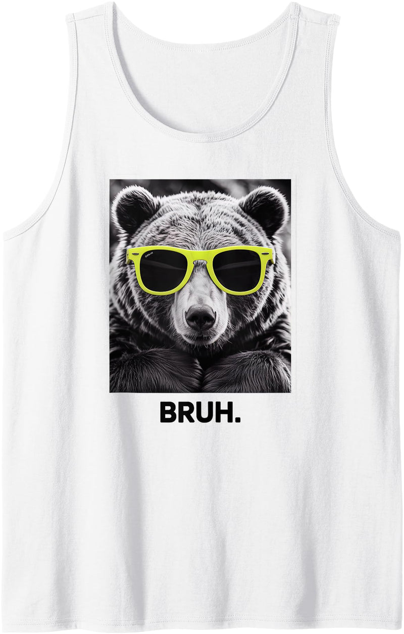 Chill Bear Retro Bear In Shades Funny Meme Designs BRUH Bear Vintage Photo With Retro Yellow Sunglasses Tank Top - White