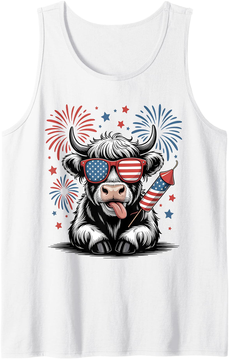 Retro Highland Cow Fourth of July Independence Day Cute Baby Highland Cow 4th of July Independence Day USA Farm Tank Top -