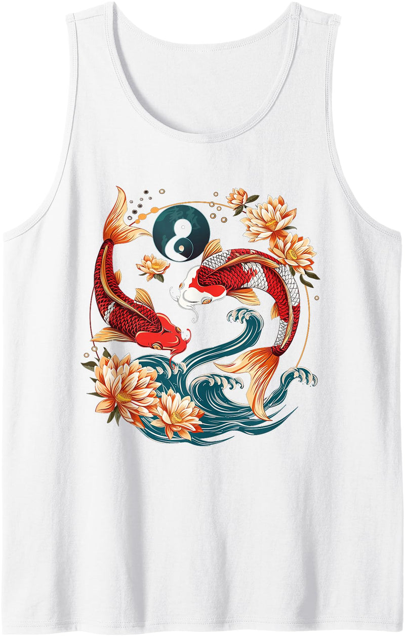 Japanese Koi Fish Vintage Lotus Flowers Tank Top - White