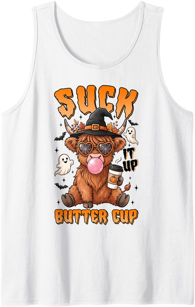 Suck It Up Buttercup Highland Cow Coffee Lover Halloween Tank Top