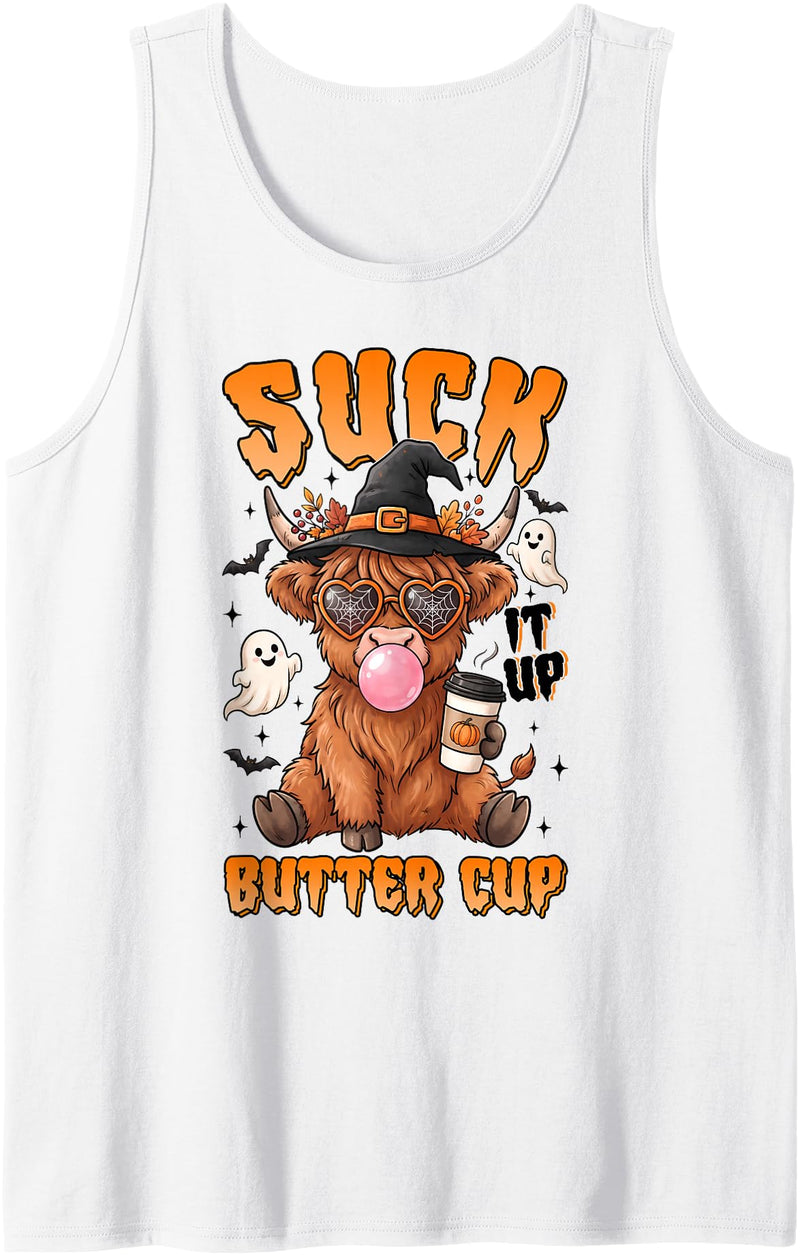 Funny Sarcastic Highland Cow Halloween Apparel Suck It Up Buttercup Highland Cow Coffee Lover Halloween Tank Top - White