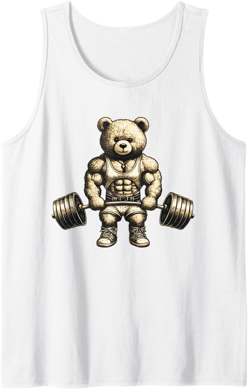 Funny Barbell Gym Graphic Tees for Women Men Kids Funny Teddy Bear Lifting Weights Gym Workout Animal Shirts Tank Top - White