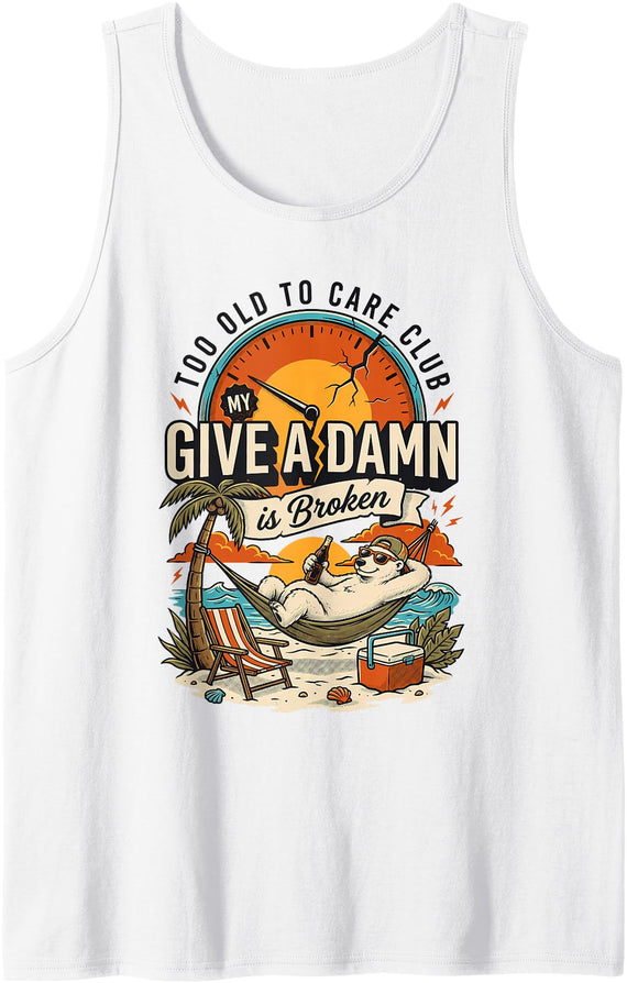 Polar Bear Humor Vintage Sunset Gifts Tee Co Too Old to Care Club Don't Care My Give A Damn Polar Bear Tank Top - White