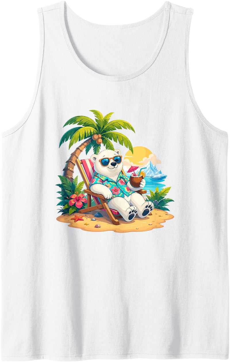 Tropical Polar Bear Summer Beach Vibes Relaxing Beach Vacation Polar Bear Hawaii Tank Top - White