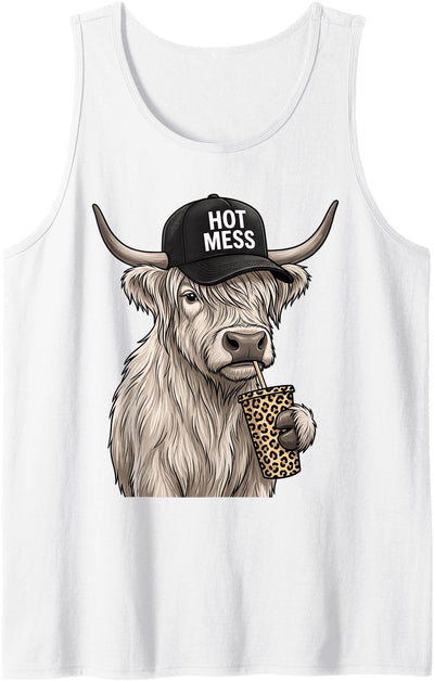 Hot Mess Funny Highland Cow Cute Coffee Lover Tank Top
