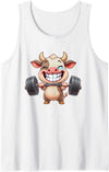 Cute Gym Cow Weightlifting Animal Workout Funny Cow Lifting Barbell Strength Workout Fitness Tank Top - White