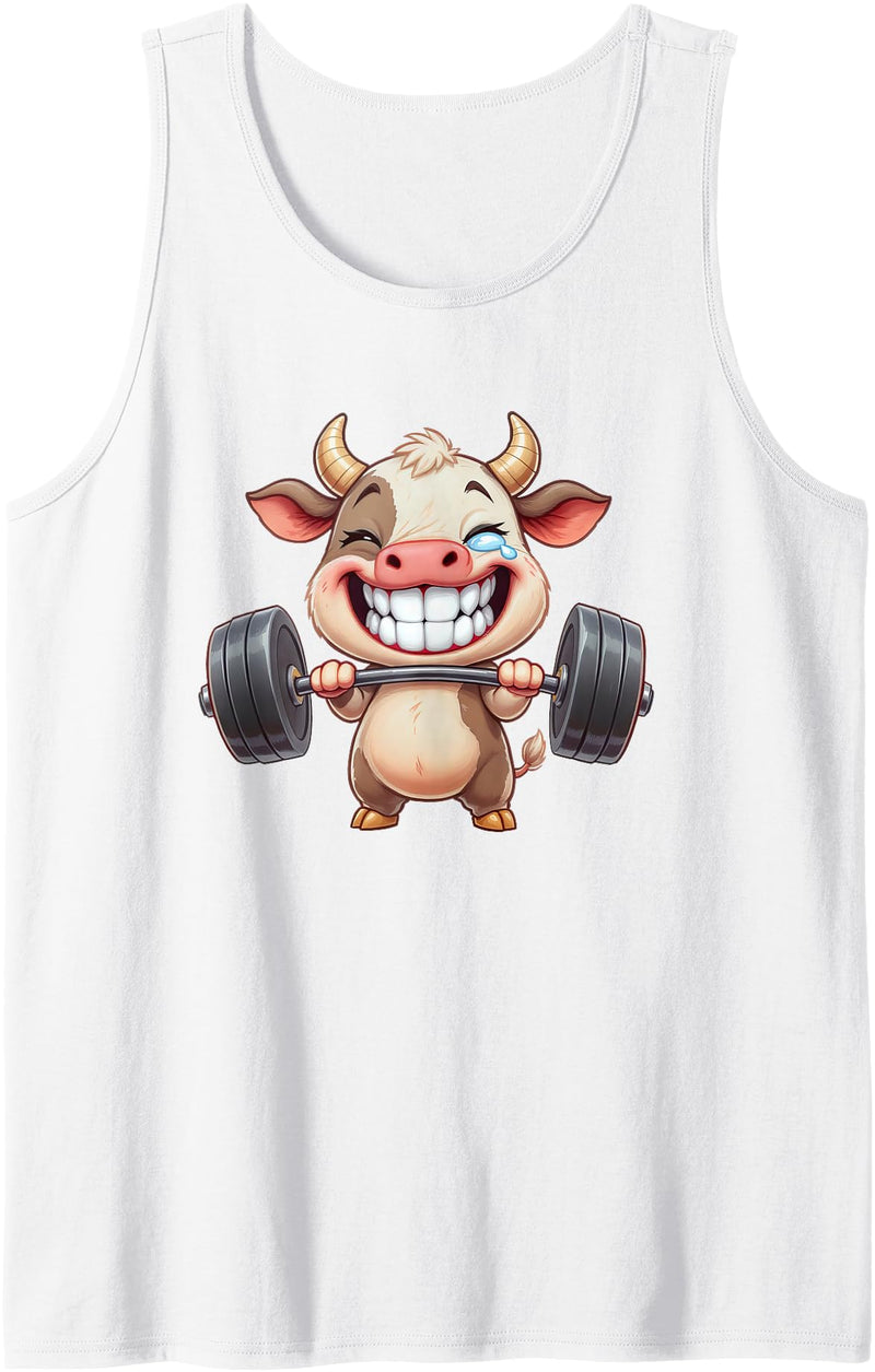 Cute Gym Cow Weightlifting Animal Workout Funny Cow Lifting Barbell Strength Workout Fitness Tank Top - White
