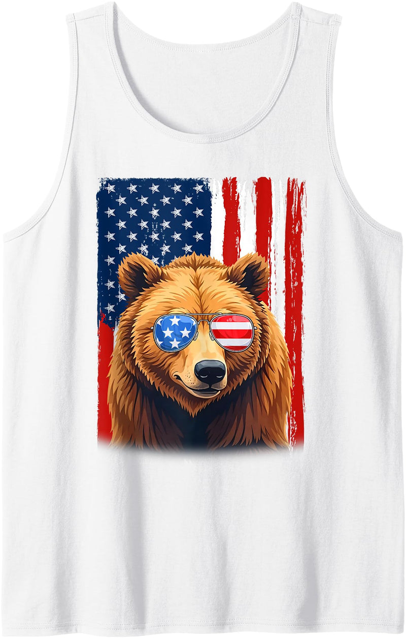 Patriotic USA Flag Grizzly Bear 4th of July Co. Grizzly Bear US America Flag Men Women 4th of July Patriotic Tank Top - White