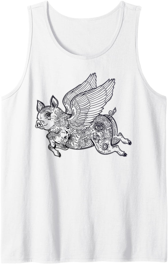Pigs Fly Funny Graphic Apparel Flying Pig with Angel Wings & Third Eye Tattoo Graphic Art Tank Top - White