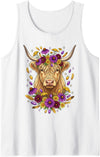 Boho Scottish Highlander Cow Apparel Cute Floral Boho Scottish Highlander Cow Wildflower Graphic Tank Top - White