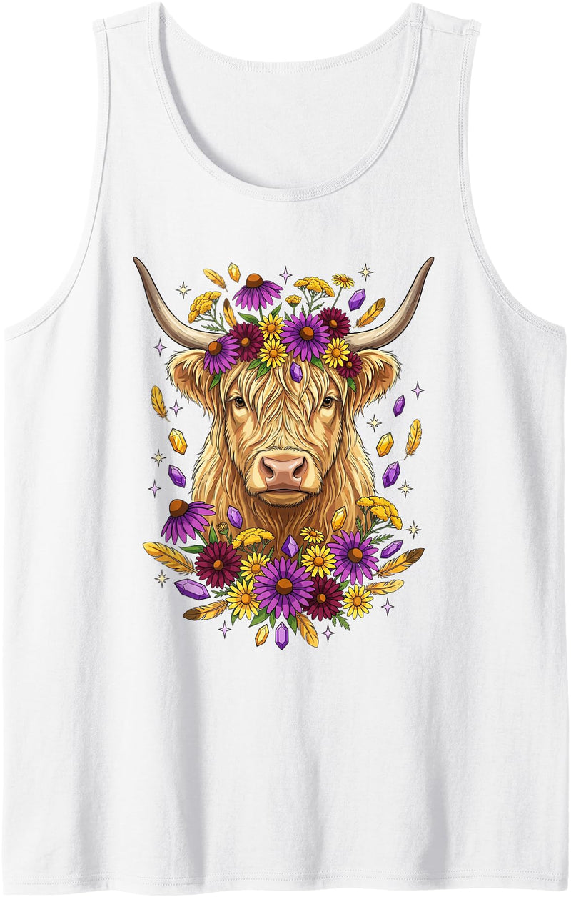 Boho Scottish Highlander Cow Apparel Cute Floral Boho Scottish Highlander Cow Wildflower Graphic Tank Top - White