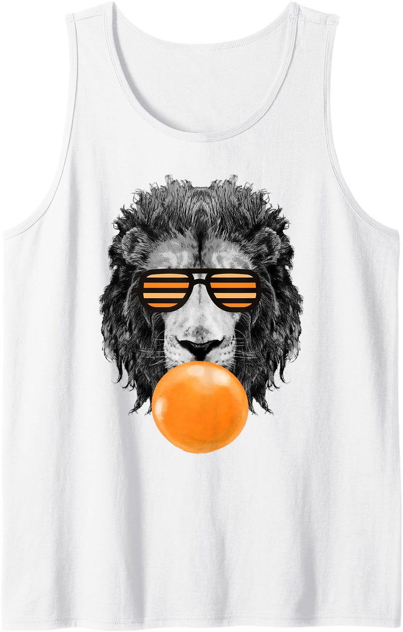 Bubble Gum Animals Lions Face Kids, Women, Men Orange Bubble Gum Lion Stripe Sunglasses Lion Head Tank Top - White