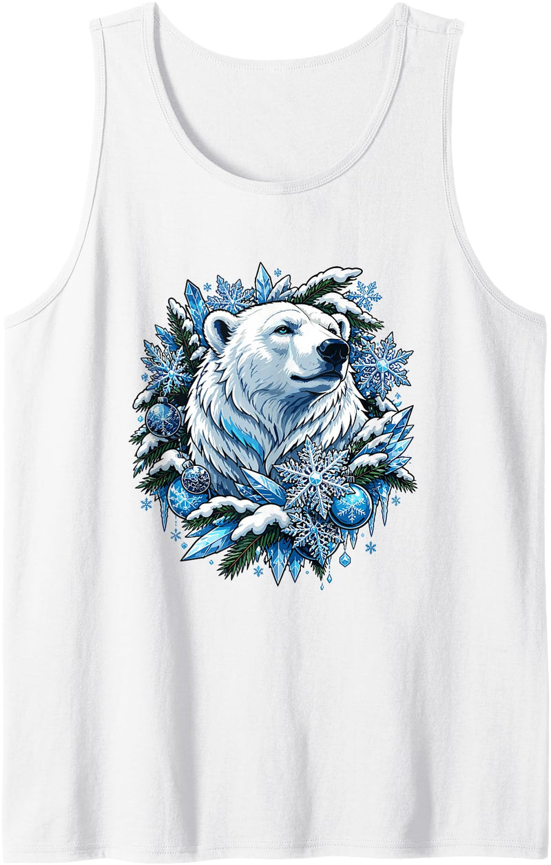 Arctic Polar Bear Winter Snowflakes Christmas Polar Bear Wreath Ice Crystals Tank Top - White