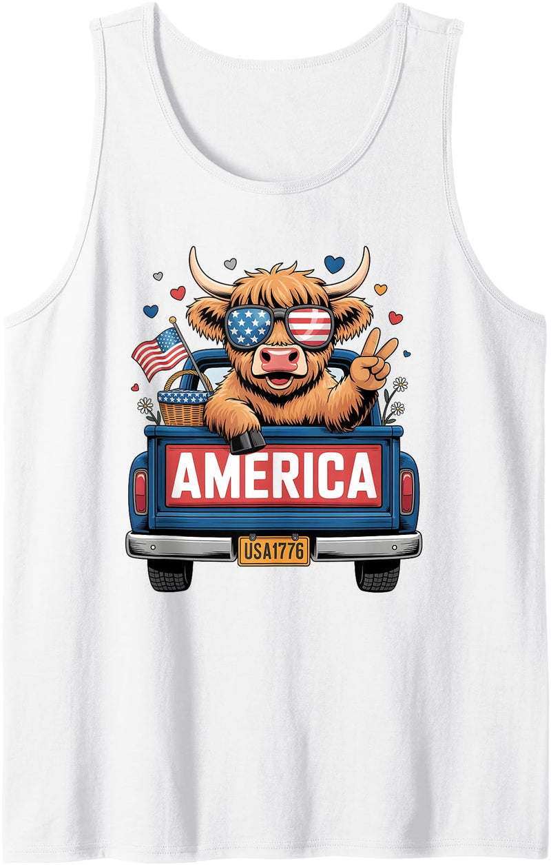 America Highland Cow Fireworks Truck Parade Gifts Patriotic Truck Highland Cow Cute 4th of July American Flag Tank Top -