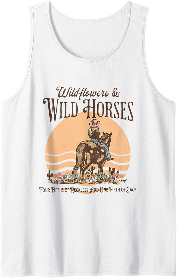 Wildflowers & Wild Horses Western Cowgirl Cowboy Tank Top - White