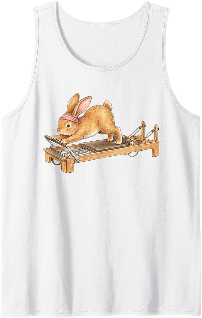 Cute Bunny Doing Reformer Pilates Machine Easter Pilates Tank Top in White