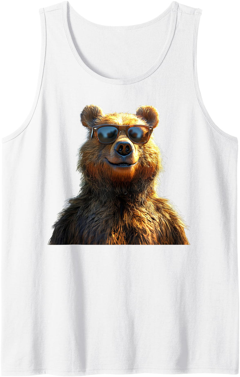 Funny Brown Bears for Grizzly Bear Lovers Brown Bear with Sunglasses Grizzly Bears Wild Brown Bear Tank Top - White