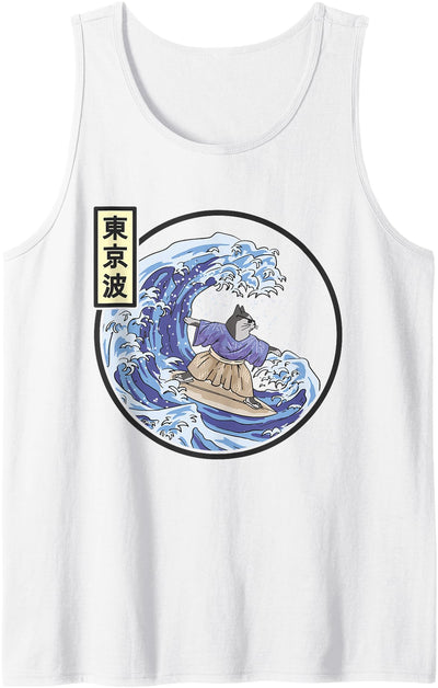 Japanese Aesthetic Gifts For Men Women & Kids Cat Surfing Japanese Waves Kanagawa Japan Aesthetic Anime Tank Top