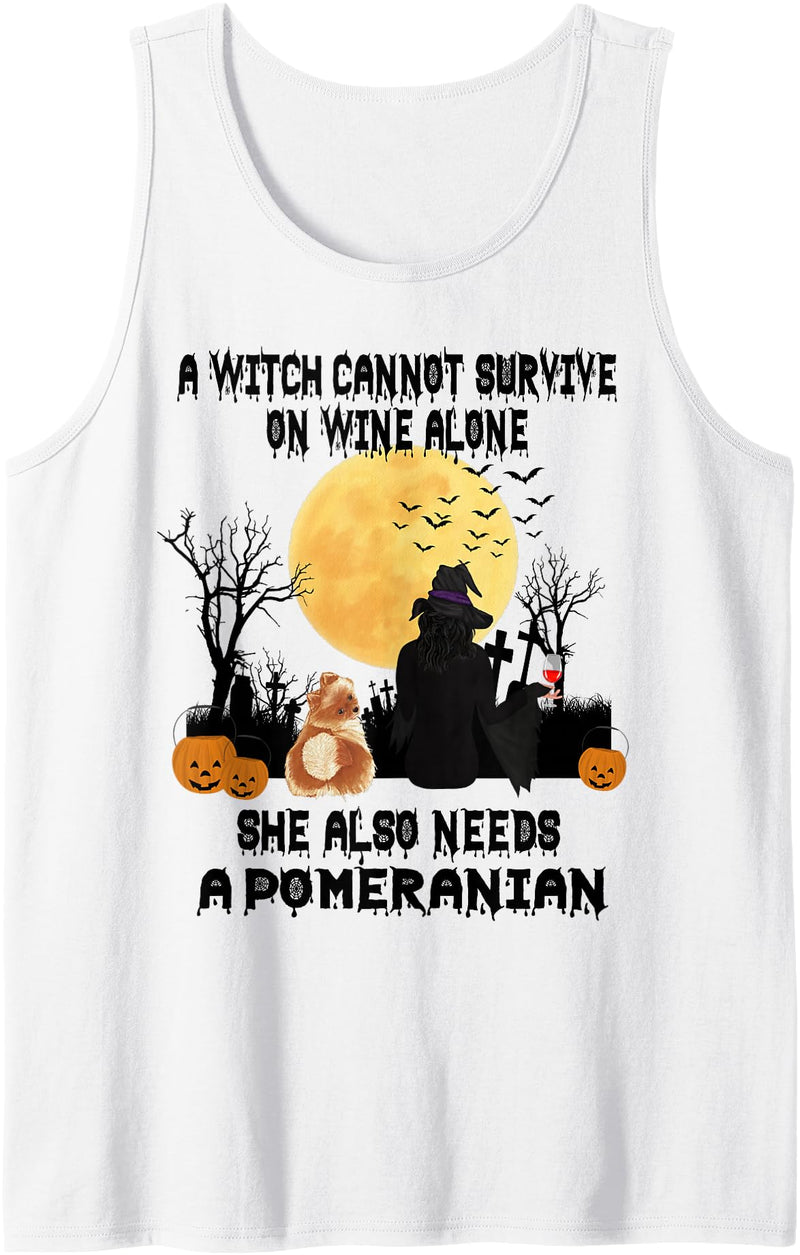 Witch Wine Pomeranian Dog Halloween Costume Witch Wine and Pomeranian Dog Mom Funny Halloween Costume Tank Top - White