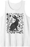 Wild Rabbit Hare Linocut Nature Lino Print Folk Art Forest Tank Top in White