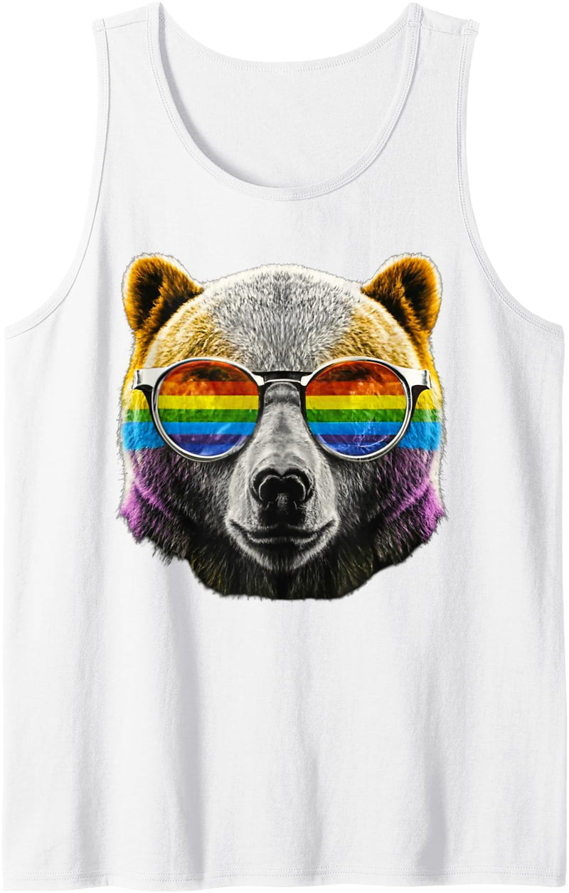 Gay Daddy Bear Funny LGBT Gay Pride LGBTQIA Gifts Mens Gay Bear LGBTQ Rainbow Sunglasses Pride Flag Daddy Bear Tank Top - White
