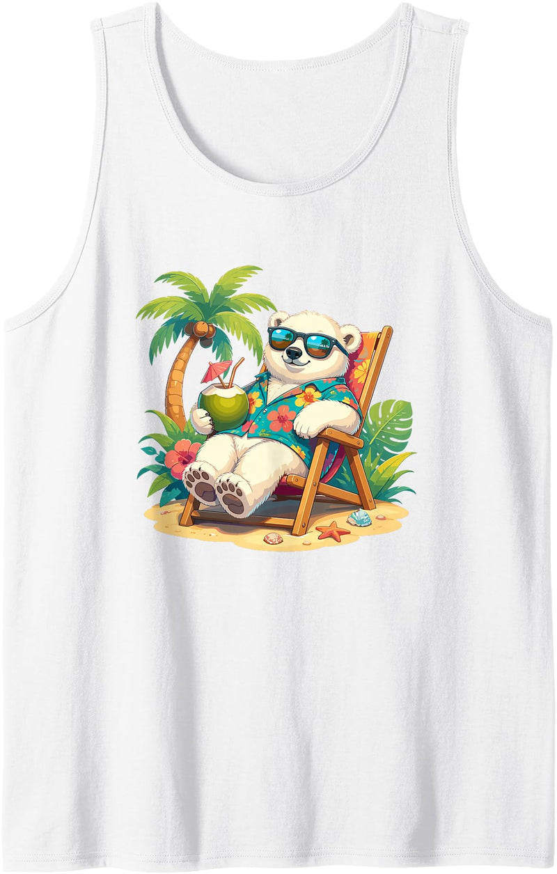 Tropical Polar Bear Summer Beach Vibes Relaxed Polar Bear Hawaiian Shirt Summer Beach Tank Top - White