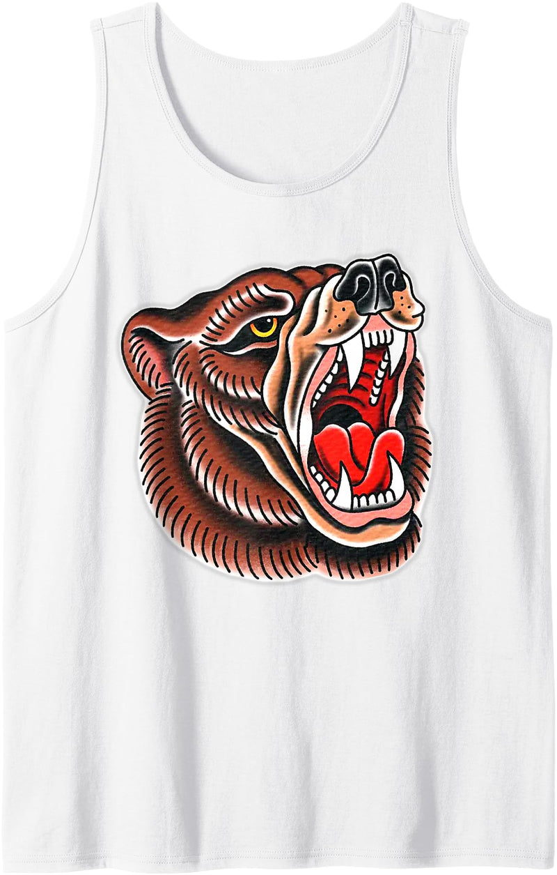 Urban Empyre Grizzly Bear Brown Tattoo Flash Tank Top - White