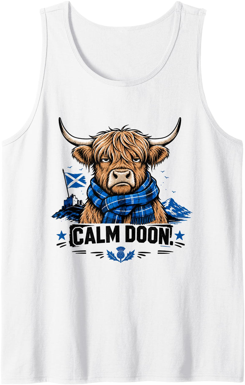 Calm Doon Highland Cow Apparel Calm Doon Scottish Highland Cow Scotland Tank Top - White