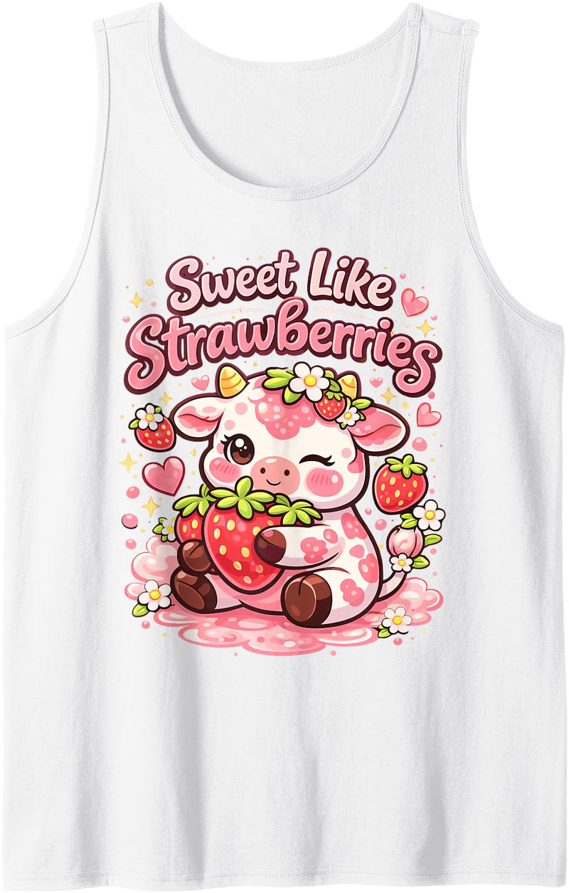 Sweet Like Strawberries Cute Cow Kawaii Fruit Tank Top - White