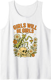 Vintage Dark Humor Feminist Insect Floral Skull Girl Will Be Girls Praying Mantis Retro Halloween Tank Top - White