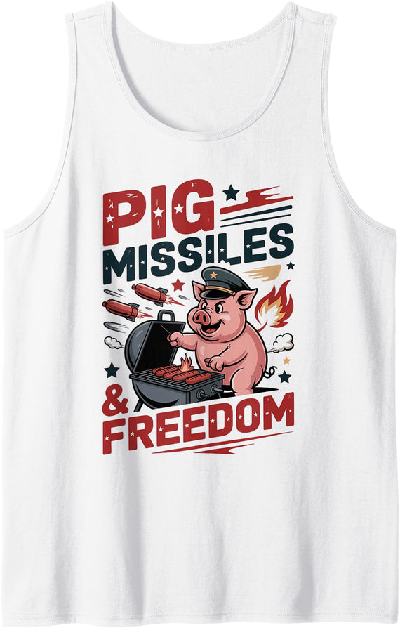 Retro Pig Rocket Freedom Party USA Co Pig Missiles and Freedom 4th of July USA Pig Rocket Tank Top - White