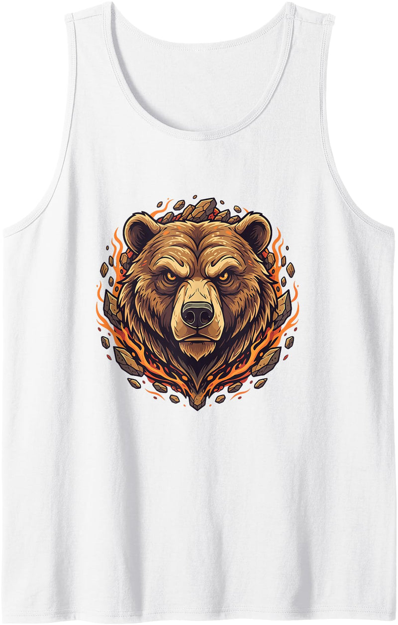 Wild Grizzly Bear Fire Mountain Nature Fiery Grizzly Bear Head Flames Wilderness Tank Top - White