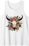 Funny Cow Skull Floral farm Western Country Outfit Boho Cow Bull Skull Flowers Wild west Western Cowgirl Texans Tank Top -