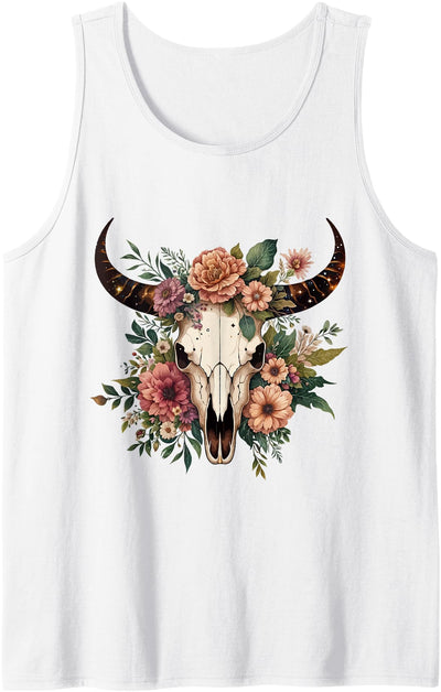 Funny Cow Skull Floral Farm Western Country Boho Cow Bull Tank Top
