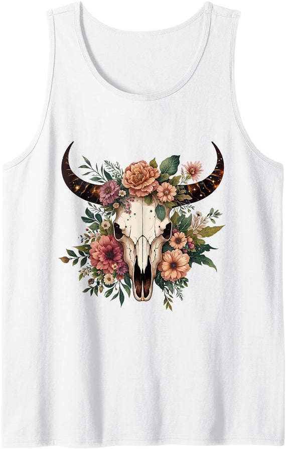 Funny Cow Skull Floral farm Western Country Outfit Boho Cow Bull Skull Flowers Wild west Western Cowgirl Texans Tank Top -