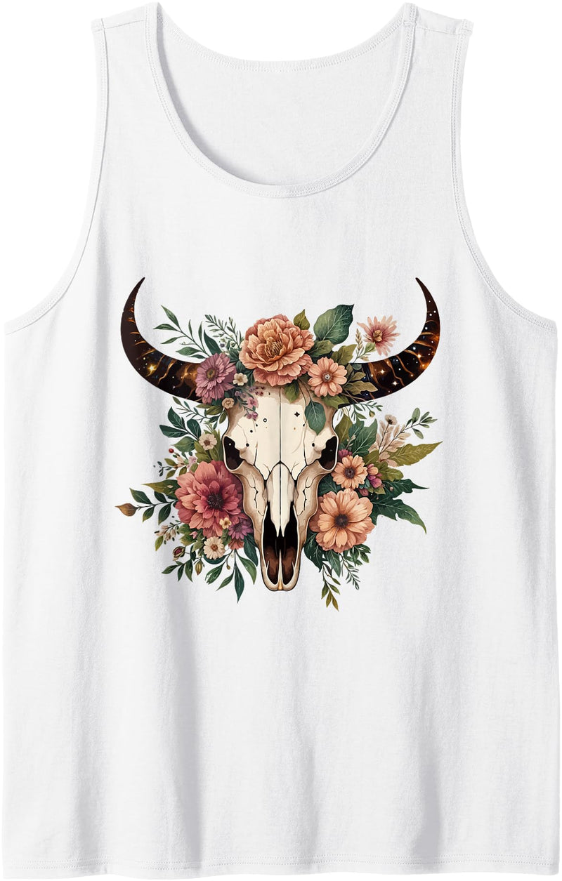 Funny Cow Skull Floral farm Western Country Outfit Boho Cow Bull Skull Flowers Wild west Western Cowgirl Texans Tank Top -
