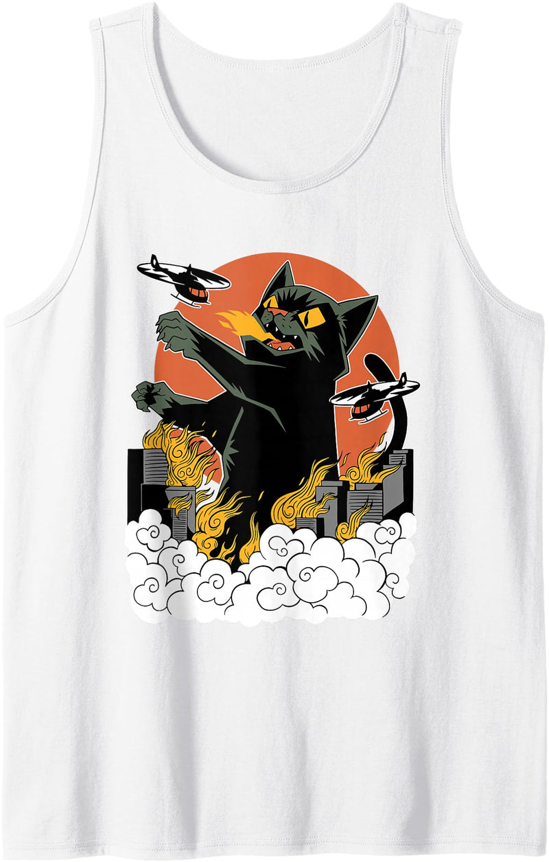 Vintage Sunset Attack Giant Cat Japanese Sunset Catzilla Tank Top - White
