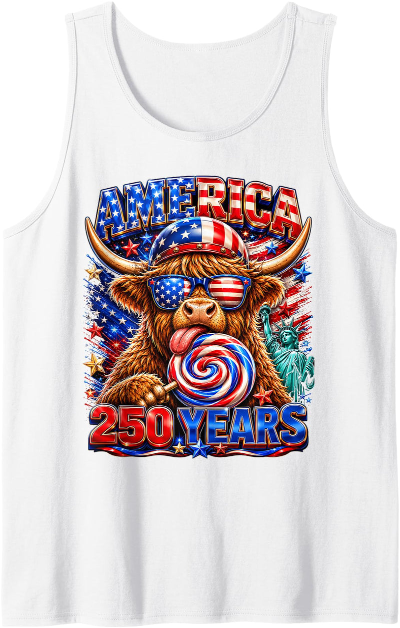 Patriotic Highland Cow Fourth of July USA Flag 1776 2026 America 250th Anniversary Highland Cow 4th of July Tank Top - White