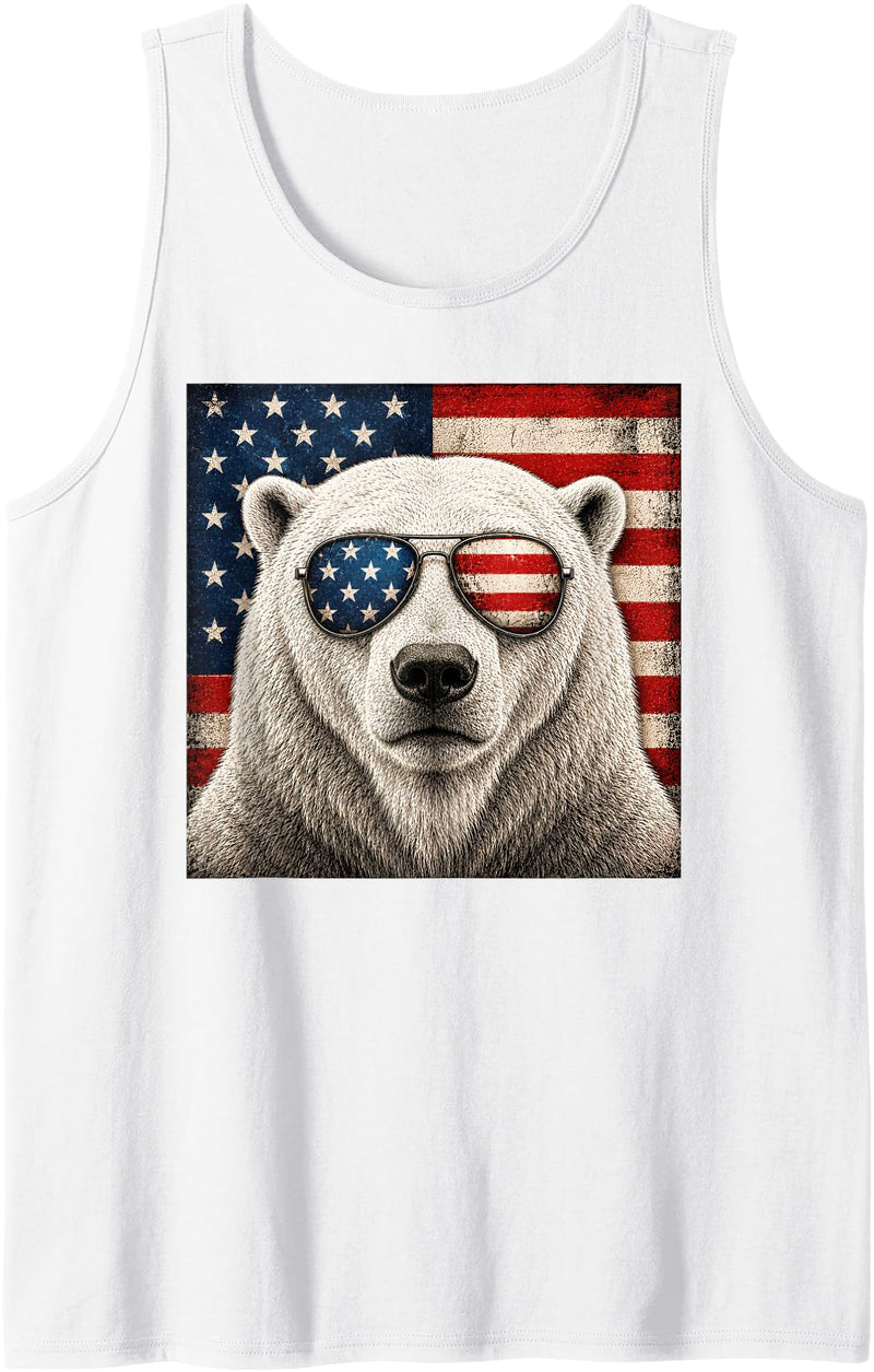 Retro Polar Bear USA Sunglasses July Fourth Polar Bear 4th of July US American Flag Patriotic Tank Top - White