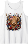 Funny July 4th Highland Cow Farm Lovers Highland Cow Florals 4th of July USA Flag Patriotic Women Tank Top - White