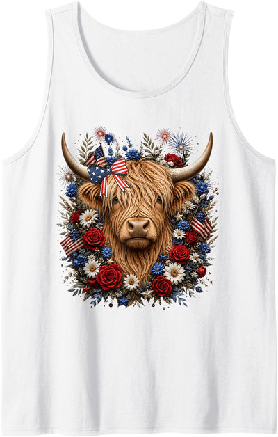 Funny July 4th Highland Cow Farm Lovers Florals 4th of July Tank Top