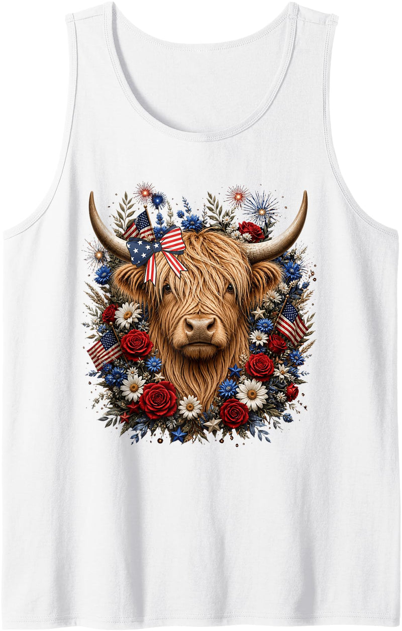 Funny July 4th Highland Cow Farm Lovers Highland Cow Florals 4th of July USA Flag Patriotic Women Tank Top - White