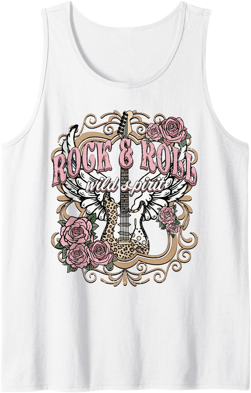 Rock & Roll Wild Spirit Leopard Guitar Floral Vintage Rock n Roll Wild Spirit Lets Rock Guitar Floral Tank Top - White