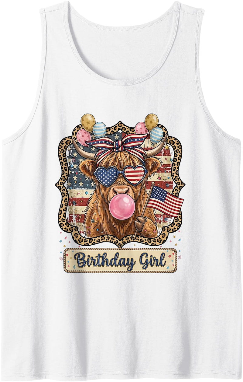 Patriotic Highland Cow Birthday Girl Flag Apparel Patriotic Highland Cow Birthday Girl Flag Design Tank Top - White