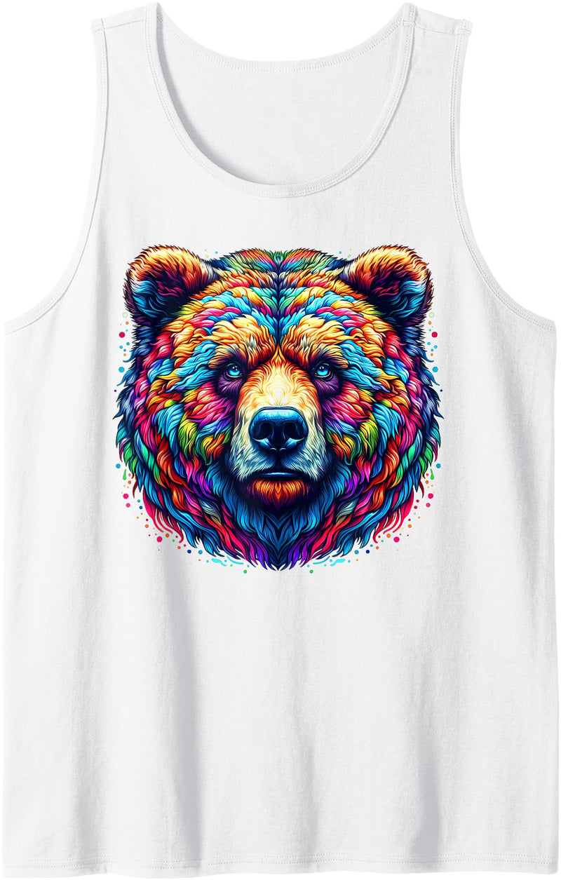 Grizzly Bear Illustration Tie Dye Cool Grizzly Bear Spirit Animal Illustration Tie Dye Art Tank Top - White