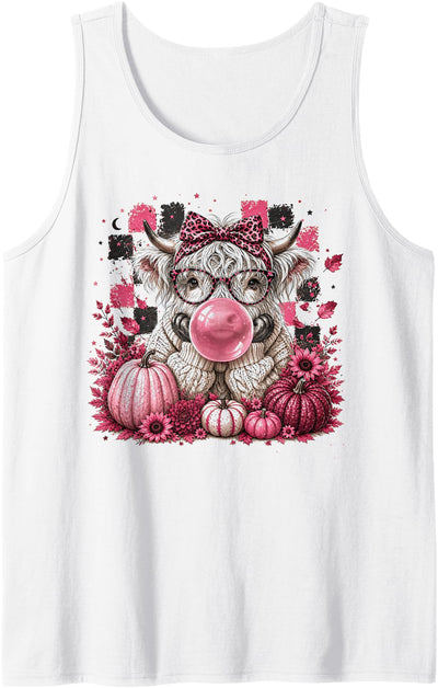 Pink Highland Cow Autumn Farm Farmer Halloween Bubblegum Tank Top