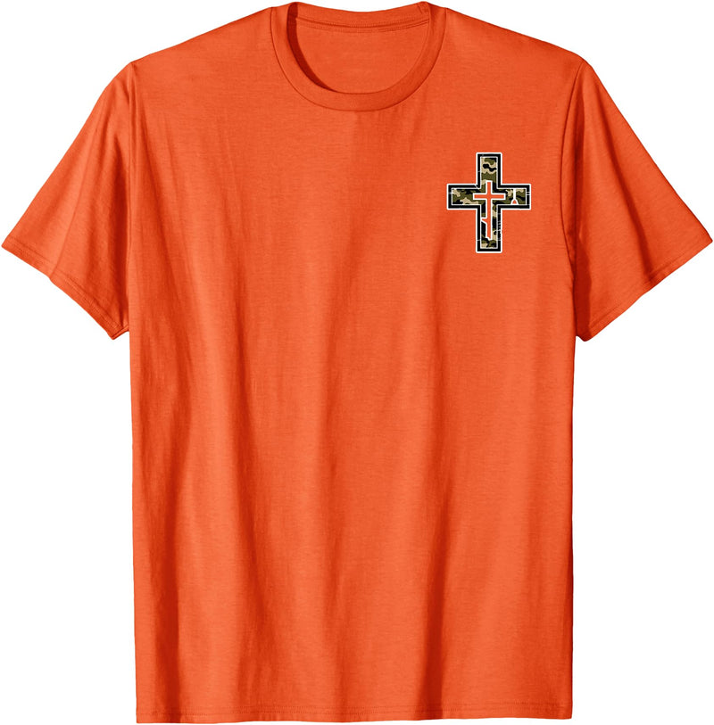 Camo Cross Fishing Faith Christian 2 Sided Hunting Fishing Cross Camo Faith Christian Fisherman Hunter T-Shirt - Orange