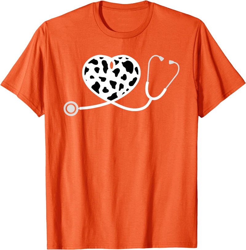 Cute Cow Print Design Stethoscope Gifts Him Her Cow Print Pattern Nurse Doctor Cardiology Stethoscope Heart T-Shirt - Orange