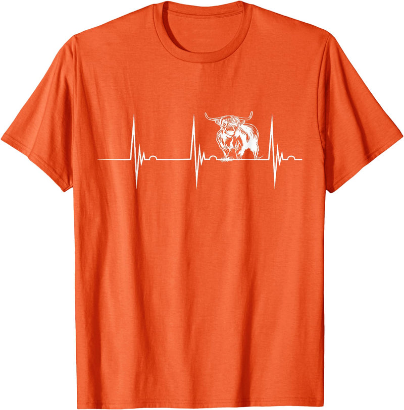 Loveable Highland Cows Hairy Coos Scottish Highland Cow Heartbeat EKG Pulse Highlander Cow T-Shirt - Orange