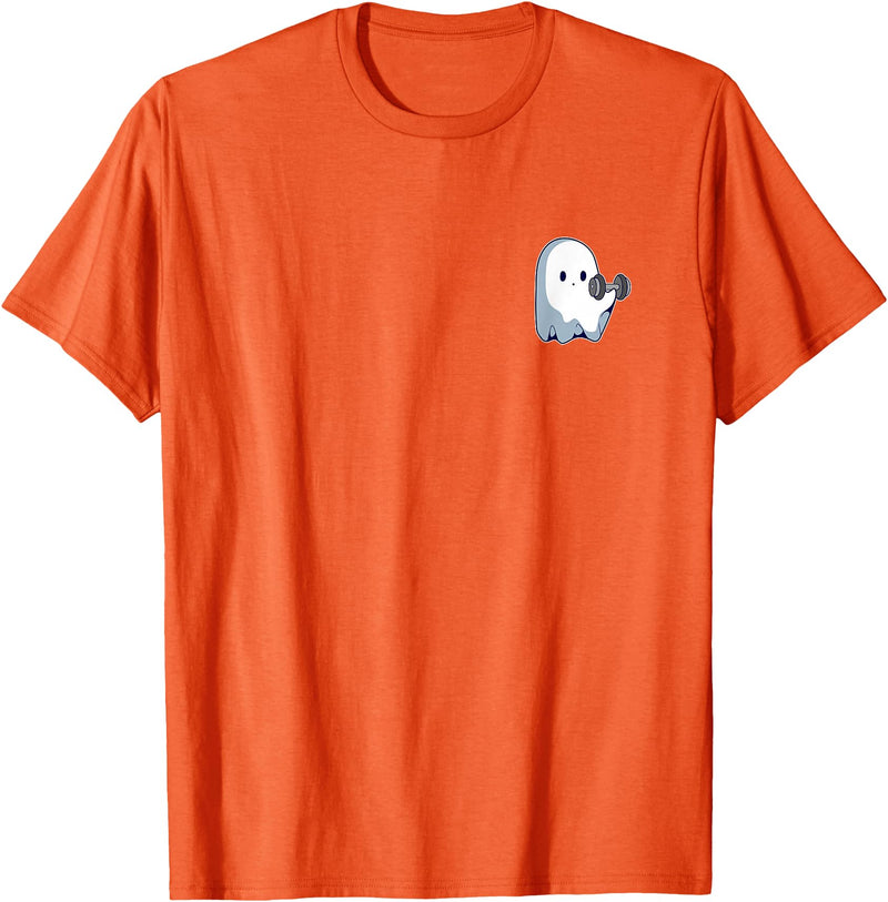 Cute Paranormal Workout Ghost Lifting Dumbbells Ghost Weightlifting Pocket Funny Ghost Workout Halloween T-Shirt - Orange